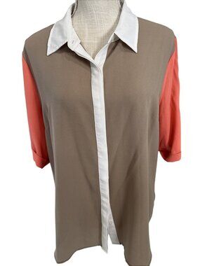 Apt. 9 Womens Beige/Coral/White Button-Down Collared Top XL